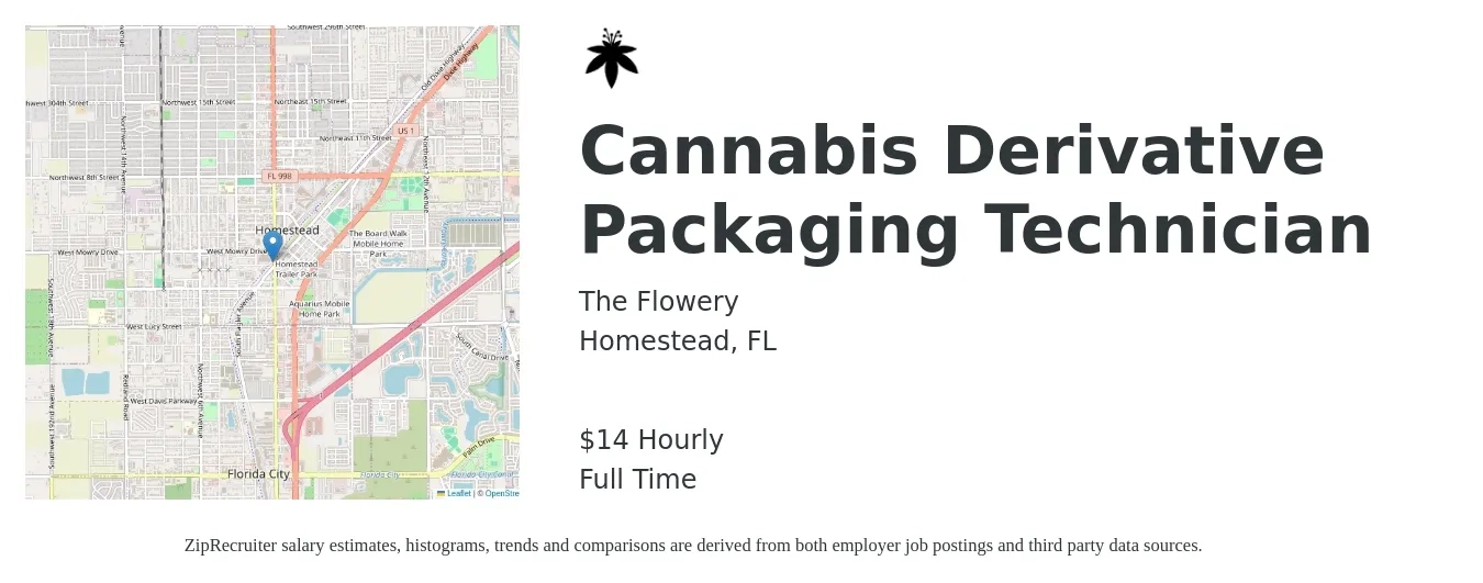 The Flowery job posting for a Cannabis Derivative Packaging Technician in Homestead, FL with a salary of $15 Hourly with a map of Homestead location.