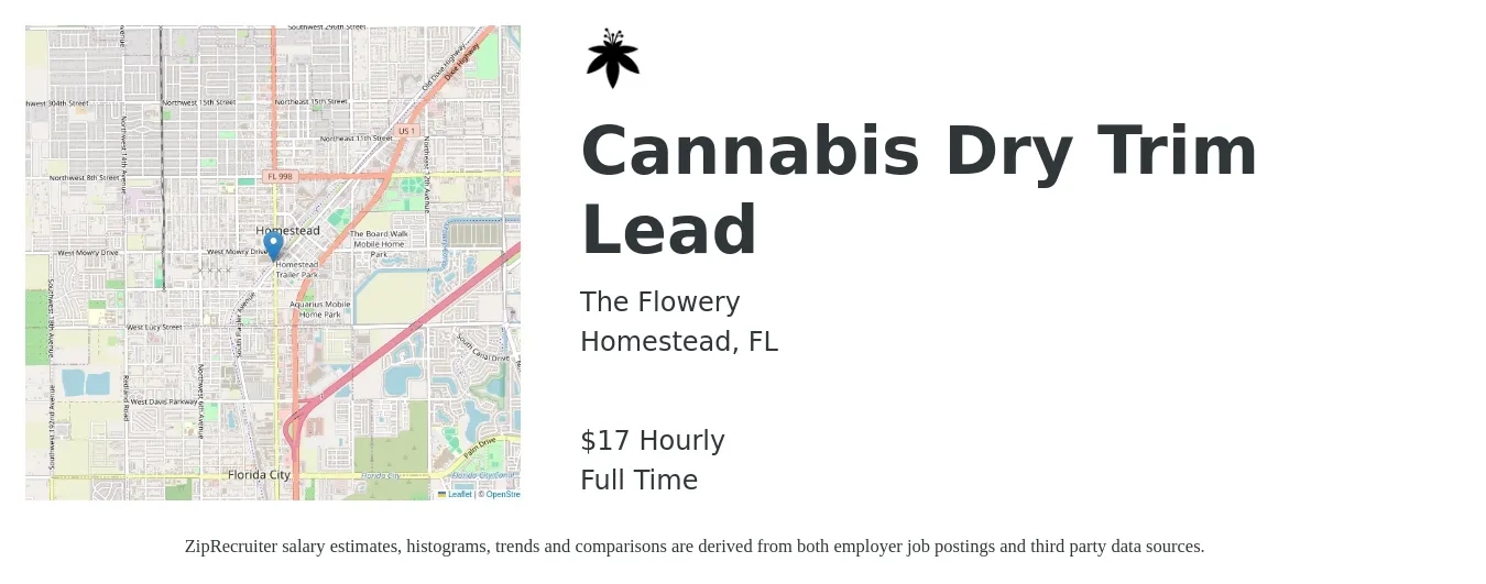 The Flowery job posting for a Cannabis Dry Trim Lead in Homestead, FL with a salary of $18 Hourly with a map of Homestead location.