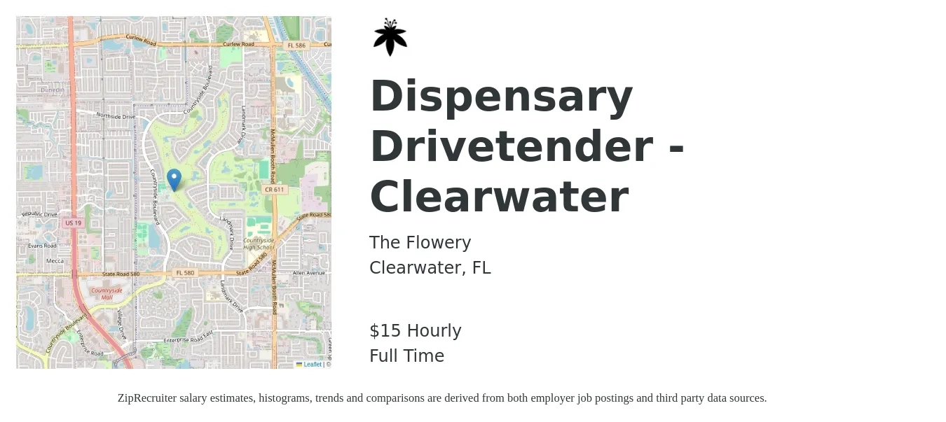 The Flowery job posting for a Dispensary Drivetender - Clearwater in Clearwater, FL with a salary of $16 Hourly with a map of Clearwater location.