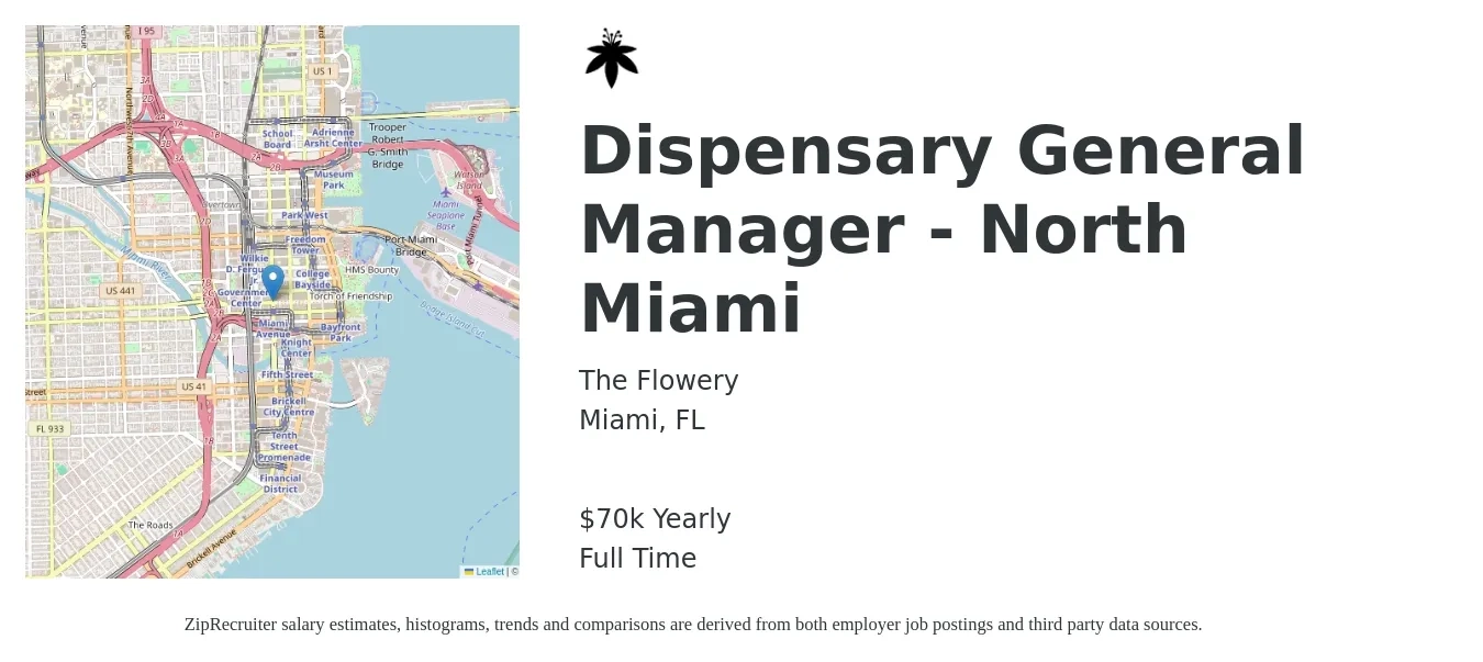 The Flowery job posting for a Dispensary General Manager - North Miami in Miami, FL with a salary of $70,000 Yearly with a map of Miami location.