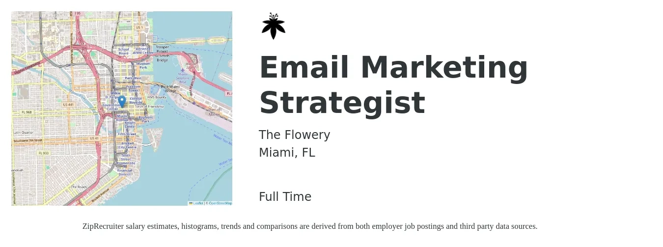 The Flowery job posting for a Email Marketing Strategist in Miami, FL with a salary of $47,800 to $79,900 Yearly with a map of Miami location.