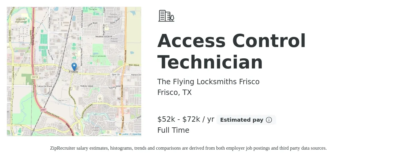 The Flying Locksmiths Frisco job posting for a Access Control Technician in Frisco, TX with a salary of $52,000 to $72,000 Yearly with a map of Frisco location.
