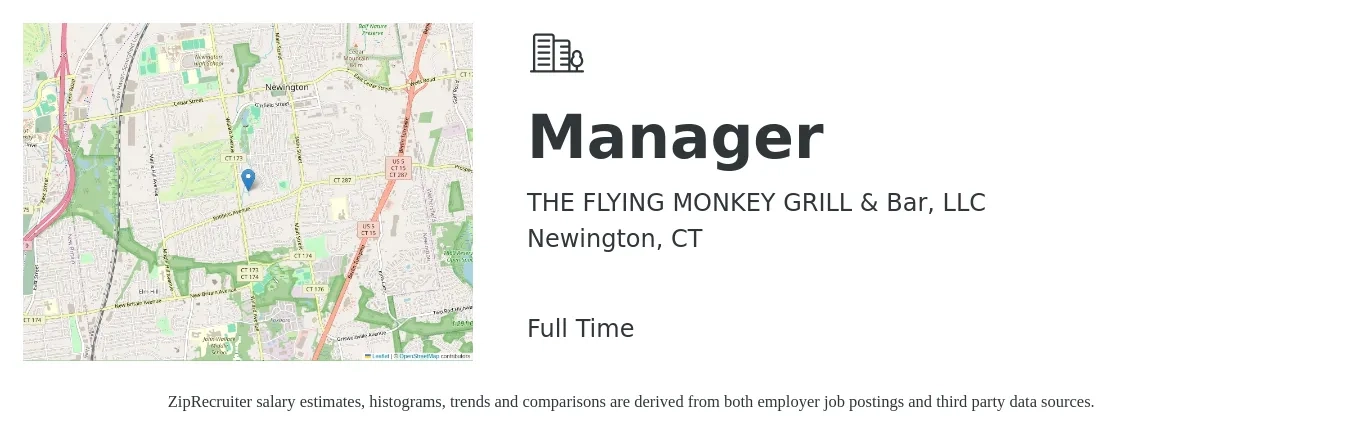THE FLYING MONKEY GRILL & Bar, LLC job posting for a Manager in Newington, CT with a salary of $43,900 to $135,800 Yearly with a map of Newington location.