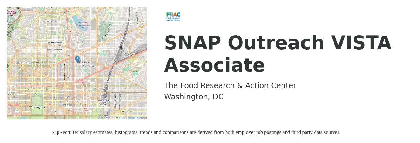 The Food Research & Action Center job posting for a SNAP Outreach VISTA Associate in Washington, DC with a salary of $792 Weekly with a map of Washington location.