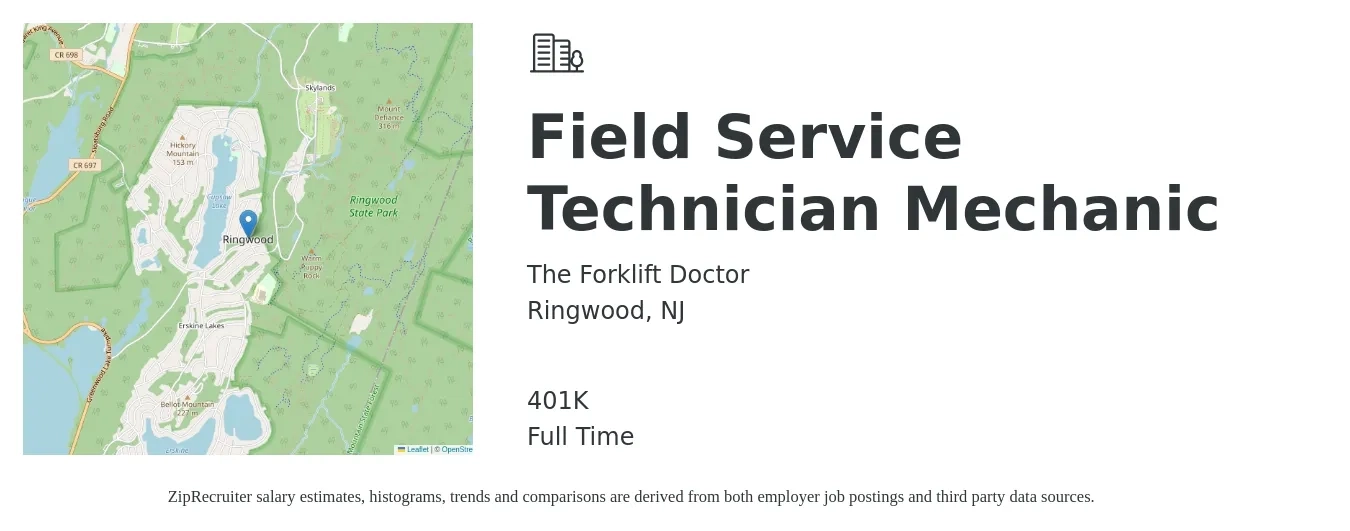 The Forklift Doctor job posting for a Field Service Technician Mechanic in Ringwood, NJ with a salary of $26 to $35 Hourly and benefits including 401k with a map of Ringwood location.