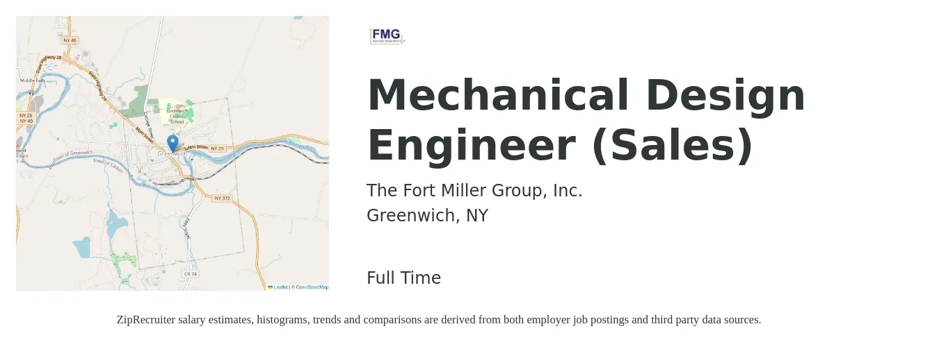 The Fort Miller Group, Inc. job posting for a Mechanical Design Engineer (Sales) in Greenwich, NY with a salary of $90,000 to $115,000 Yearly with a map of Greenwich location.