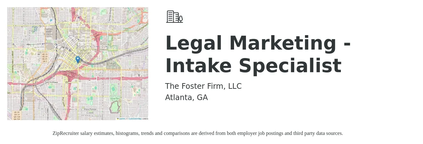 The Foster Firm, LLC job posting for a Legal Marketing - Intake Specialist in Atlanta, GA with a salary of $40,000 to $55,000 Yearly with a map of Atlanta location.