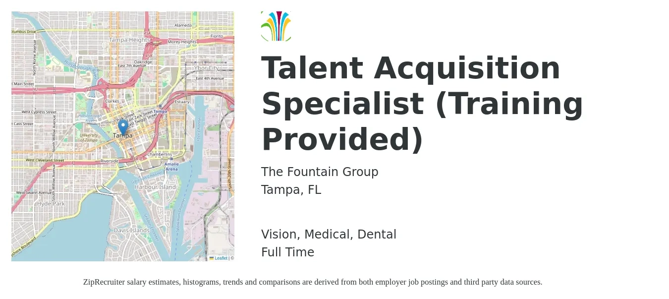 The Fountain Group job posting for a Talent Acquisition Specialist (Training Provided) in Tampa, FL with a salary of $47,200 to $66,200 Yearly and benefits including medical, pto, retirement, vision, dental, and life_insurance with a map of Tampa location.