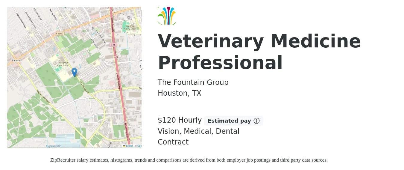 The Fountain Group job posting for a Veterinary Medicine Professional in Houston, TX with a salary of $125 Hourly and benefits including vision, dental, and medical with a map of Houston location.