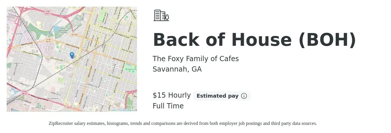 The Foxy Family of Cafes job posting for a Back of House (BOH) in Savannah, GA with a salary of $16 Hourly with a map of Savannah location.