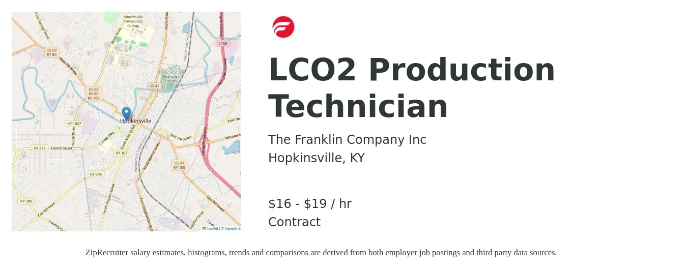 The Franklin Company Inc job posting for a LCO2 Production Technician in Hopkinsville, KY with a salary of $17 to $20 Hourly with a map of Hopkinsville location.