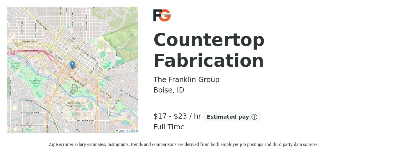 The Franklin Group job posting for a Countertop Fabrication in Boise, ID with a salary of $18 to $24 Hourly with a map of Boise location.