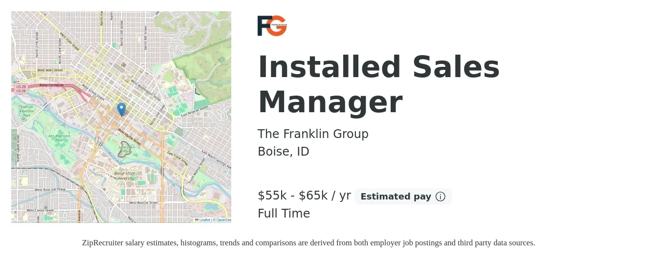 The Franklin Group job posting for a Installed Sales Manager in Boise, ID with a salary of $55,000 to $65,000 Yearly with a map of Boise location.