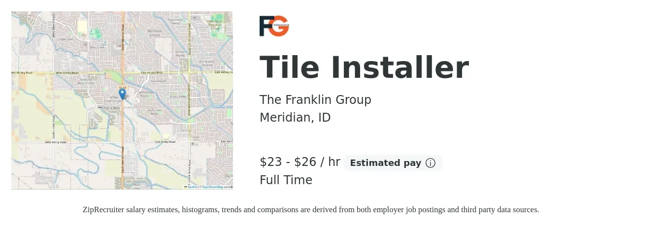The Franklin Group job posting for a Tile Installer in Meridian, ID with a salary of $24 to $28 Hourly with a map of Meridian location.