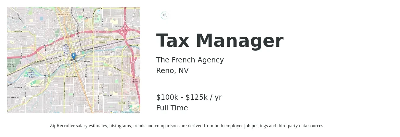The French Agency job posting for a Tax Manager in Reno, NV with a salary of $100,000 to $125,000 Yearly with a map of Reno location.