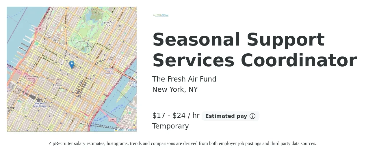 The Fresh Air Fund job posting for a Seasonal Support Services Coordinator in New York, NY with a salary of $18 to $25 Hourly with a map of New York location.
