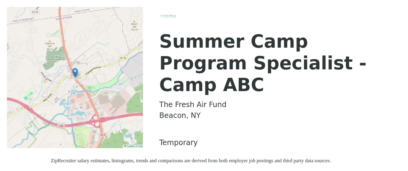 The Fresh Air Fund job posting for a Summer Camp Program Specialist - Camp ABC in Beacon, NY with a salary of $14 to $18 Hourly with a map of Beacon location.