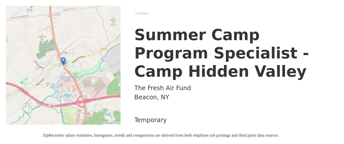 The Fresh Air Fund job posting for a Summer Camp Program Specialist - Camp Hidden Valley in Beacon, NY with a salary of $14 to $18 Hourly with a map of Beacon location.