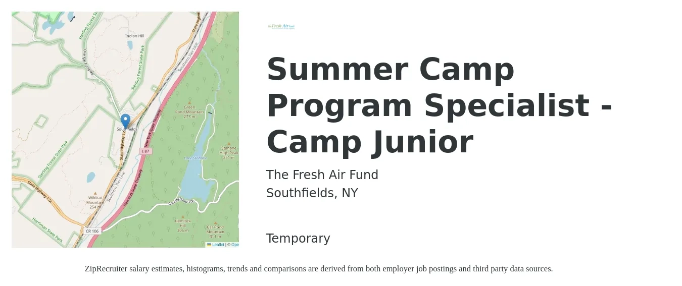 The Fresh Air Fund job posting for a Summer Camp Program Specialist - Camp Junior in Southfields, NY with a salary of $13 to $18 Hourly with a map of Southfields location.