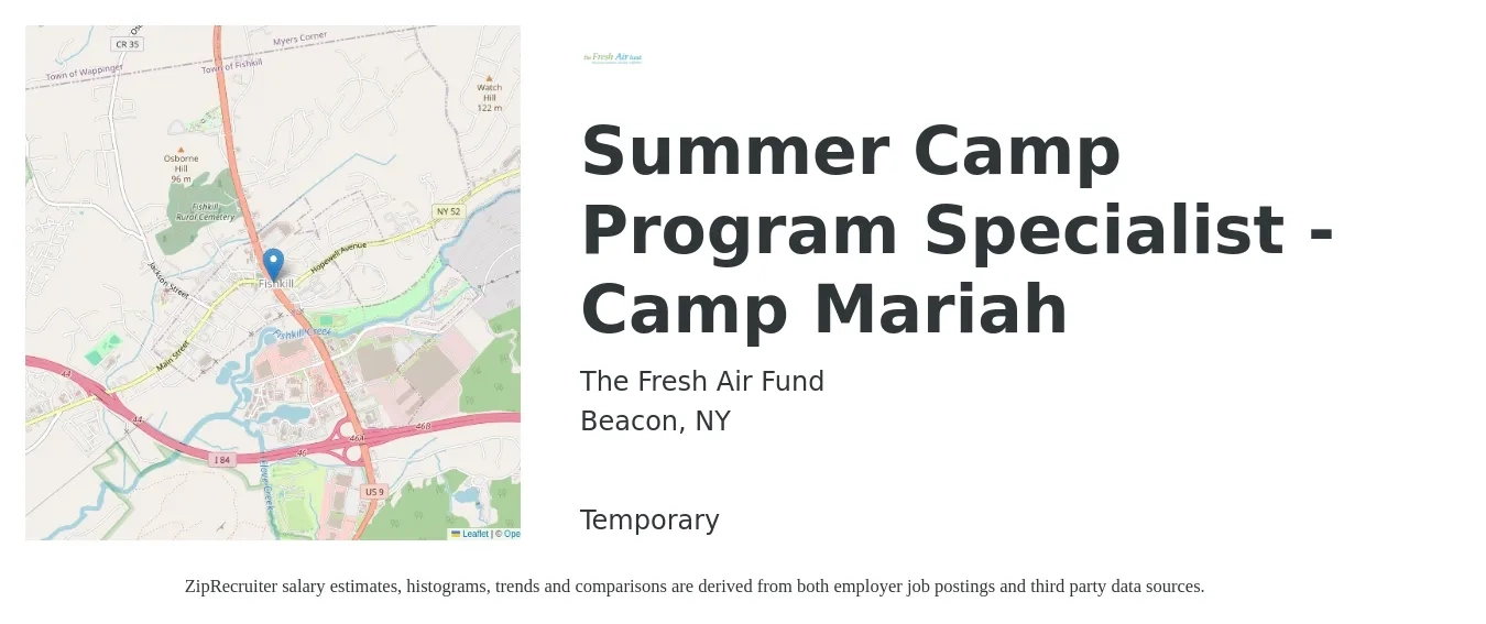 The Fresh Air Fund job posting for a Summer Camp Program Specialist - Camp Mariah in Beacon, NY with a salary of $14 to $18 Hourly with a map of Beacon location.