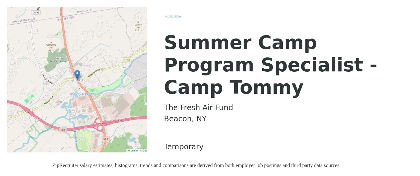 The Fresh Air Fund job posting for a Summer Camp Program Specialist - Camp Tommy in Beacon, NY with a salary of $15 to $18 Hourly with a map of Beacon location.