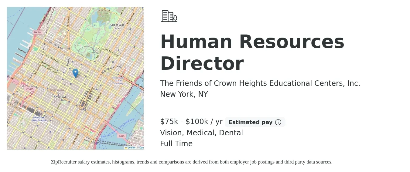 The Friends of Crown Heights Educational Centers, Inc. job posting for a Human Resources Director in New York, NY with a salary of $75,000 to $100,000 Yearly and benefits including pto, retirement, vision, dental, life_insurance, and medical with a map of New York location.
