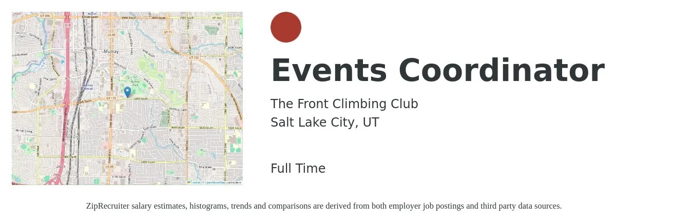 The Front Climbing Club job posting for a Events Coordinator in Salt Lake City, UT with a salary of $40,000 to $45,000 Yearly with a map of Salt Lake City location.