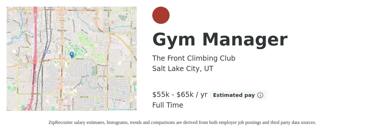 The Front Climbing Club job posting for a Gym Manager in Salt Lake City, UT with a salary of $55,000 to $65,000 Yearly with a map of Salt Lake City location.
