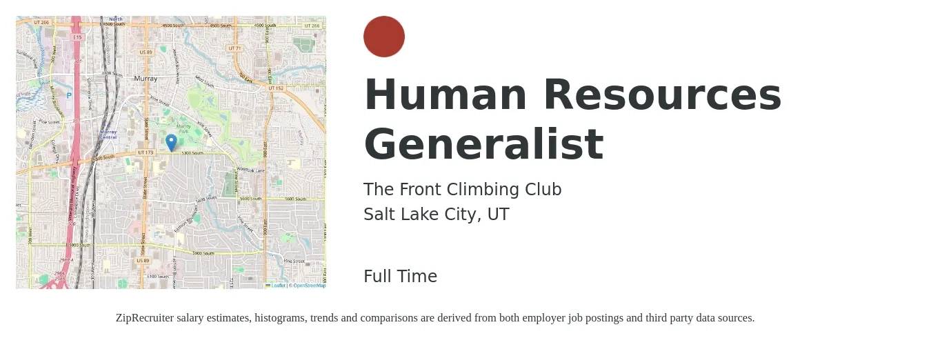 The Front Climbing Club job posting for a Human Resources Generalist in Salt Lake City, UT with a salary of $70,000 to $80,000 Yearly with a map of Salt Lake City location.