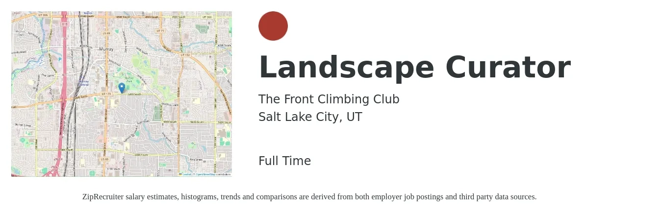 The Front Climbing Club job posting for a Landscape Curator in Salt Lake City, UT with a salary of $28 to $32 Hourly with a map of Salt Lake City location.