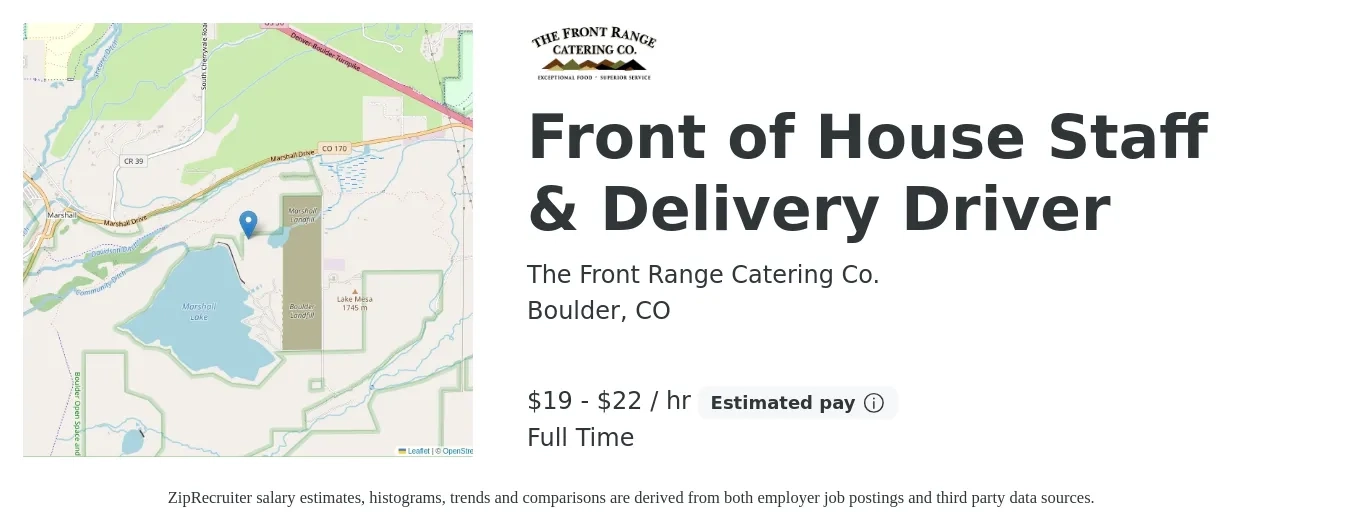 The Front Range Catering Co. job posting for a Front of House Staff & Delivery Driver in Boulder, CO with a salary of $20 to $23 Hourly with a map of Boulder location.