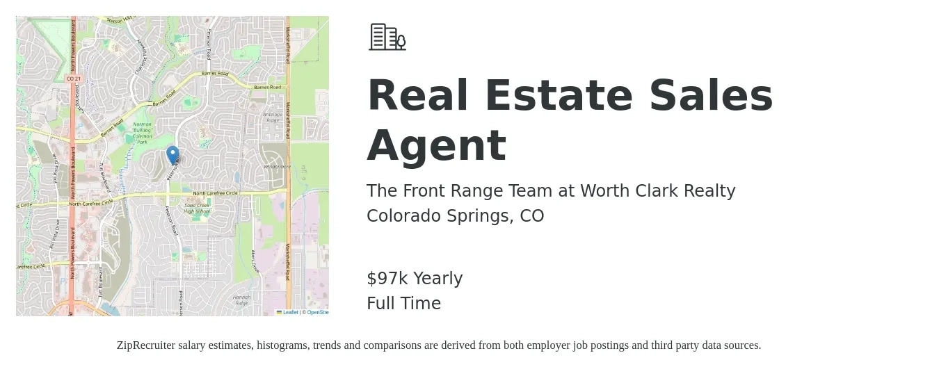 The Front Range Team at Worth Clark Realty job posting for a Real Estate Sales Agent in Colorado Springs, CO with a salary of $97,000 Yearly with a map of Colorado Springs location.