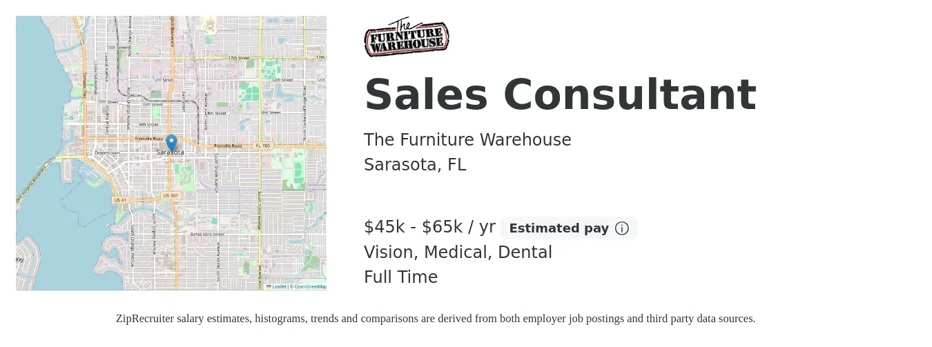The Furniture Warehouse job posting for a Sales Consultant in Sarasota, FL with a salary of $12 Hourly (plus commission) and benefits including dental, life_insurance, medical, pto, retirement, and vision with a map of Sarasota location.