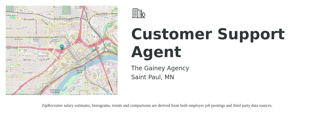 The Gainey Agency job posting for a Customer Support Agent in Saint Paul, MN with a salary of $19 to $25 Hourly with a map of Saint Paul location.