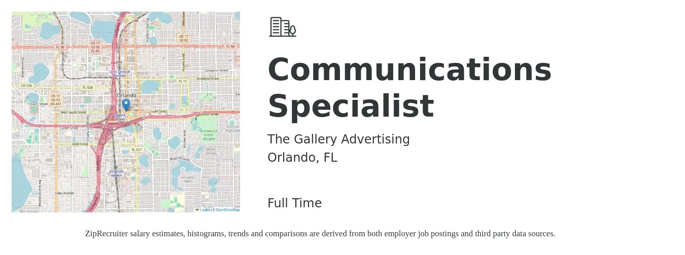 The Gallery Advertising job posting for a Communications Specialist in Orlando, FL with a salary of $50,000 to $66,400 Yearly with a map of Orlando location.