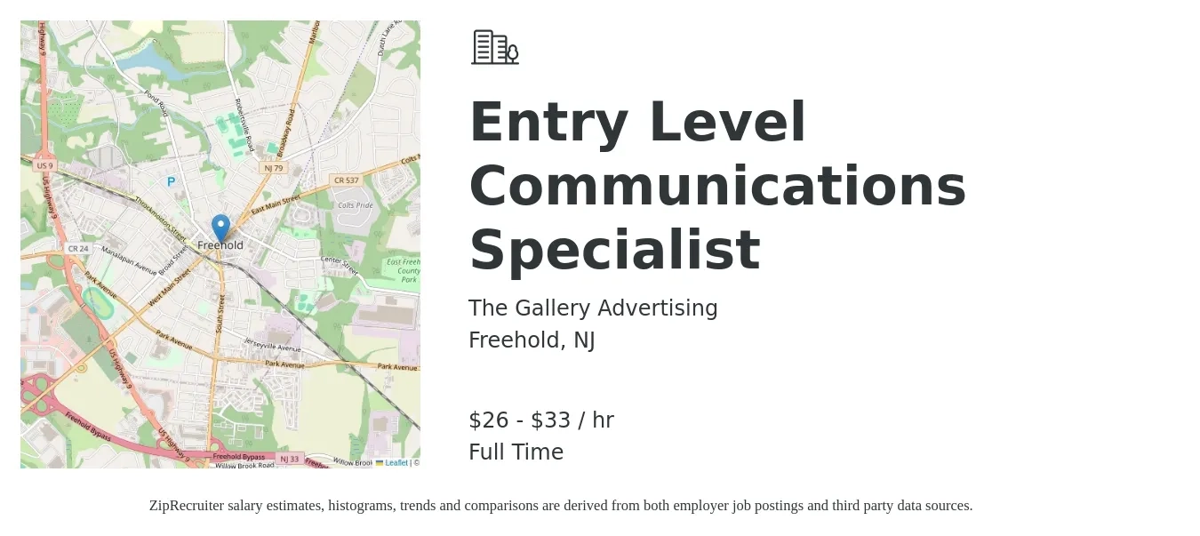 The Gallery Advertising job posting for a Entry Level Communications Specialist in Freehold, NJ with a salary of $28 to $35 Hourly with a map of Freehold location.