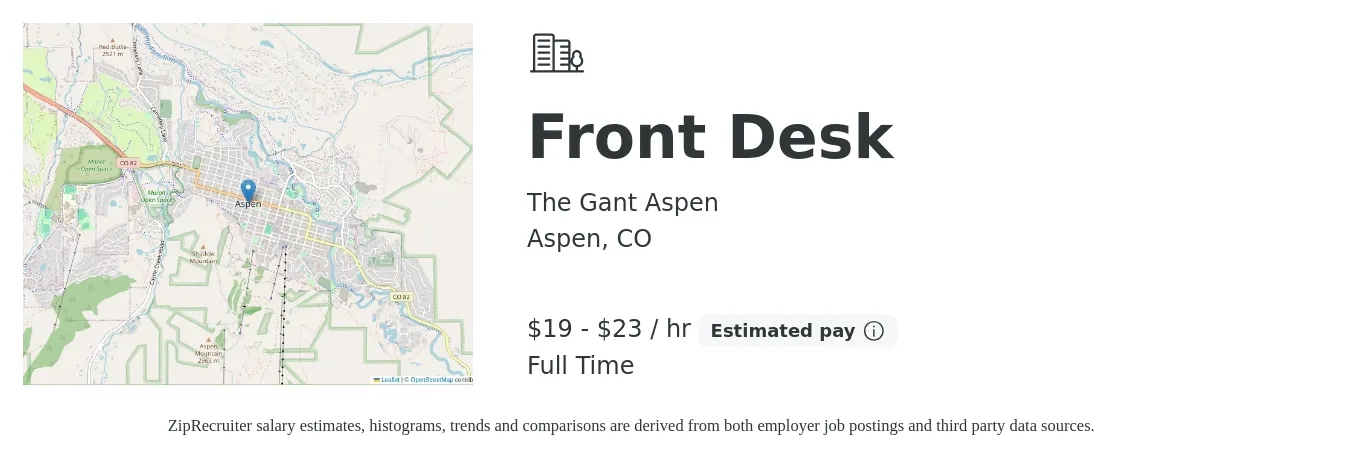 The Gant Aspen job posting for a Front Desk in Aspen, CO with a salary of $20 to $24 Hourly with a map of Aspen location.