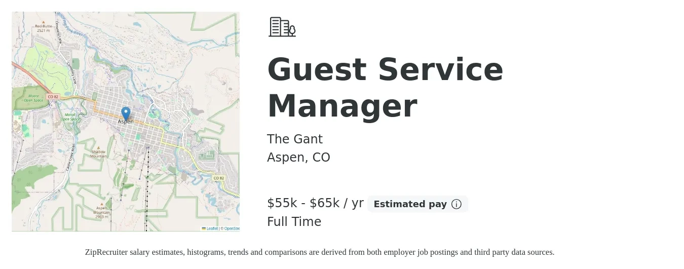 The Gant job posting for a Guest Service Manager in Aspen, CO with a salary of $55,000 to $65,000 Yearly with a map of Aspen location.