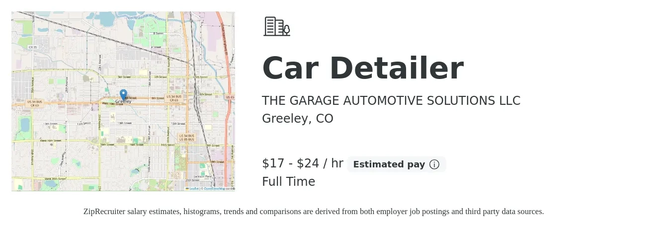 THE GARAGE AUTOMOTIVE SOLUTIONS LLC job posting for a Car Detailer in Greeley, CO with a salary of $18 to $25 Hourly with a map of Greeley location.
