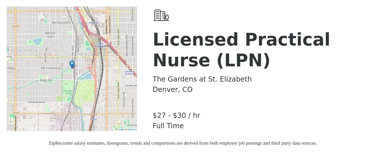 The Gardens at St. Elizabeth job posting for a Licensed Practical Nurse (LPN) in Denver, CO with a salary of $28 to $31 Hourly with a map of Denver location.