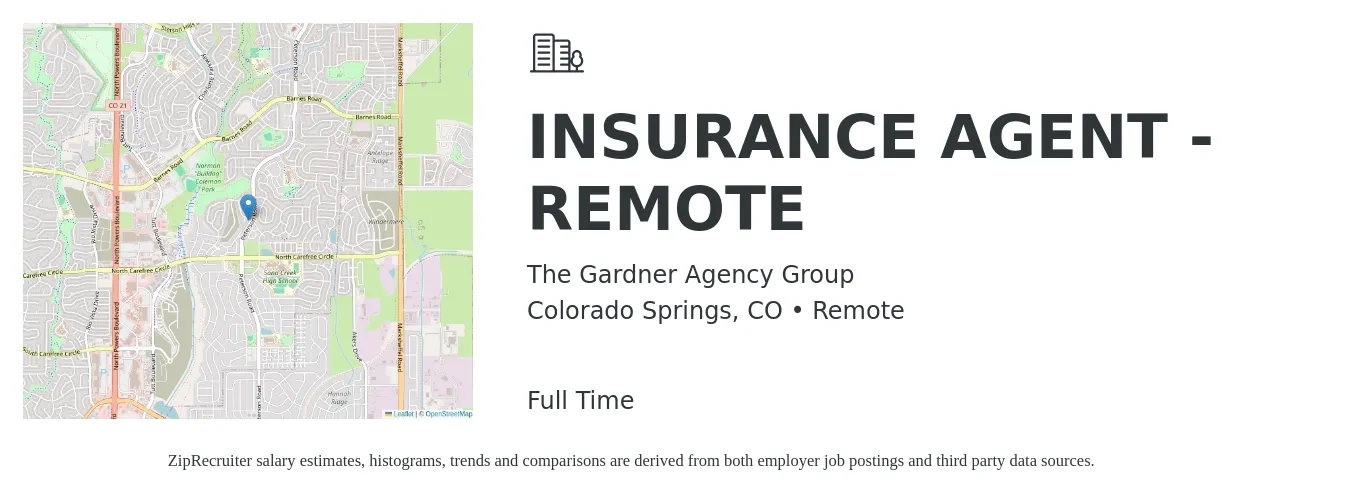 The Gardner Agency Group job posting for a INSURANCE AGENT - REMOTE in Colorado Springs, CO with a salary of $43,900 to $75,900 Yearly with a map of Colorado Springs location.