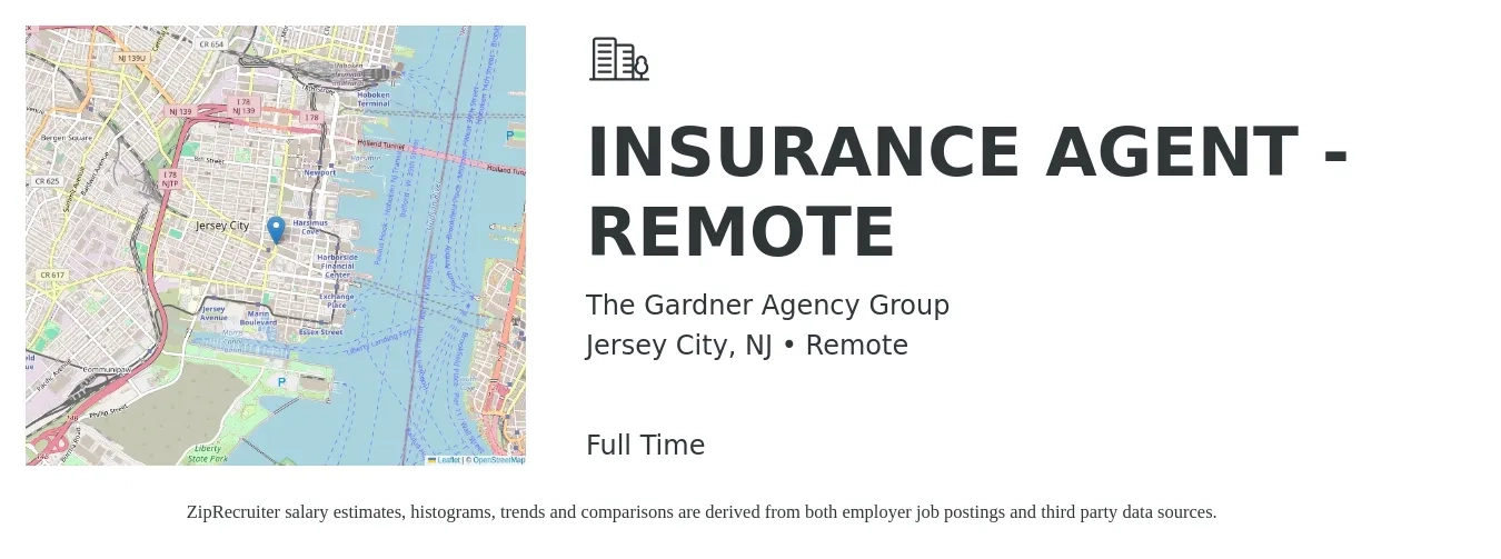 The Gardner Agency Group job posting for a INSURANCE AGENT - REMOTE in Jersey City, NJ with a salary of $46,400 to $80,400 Yearly with a map of Jersey City location.