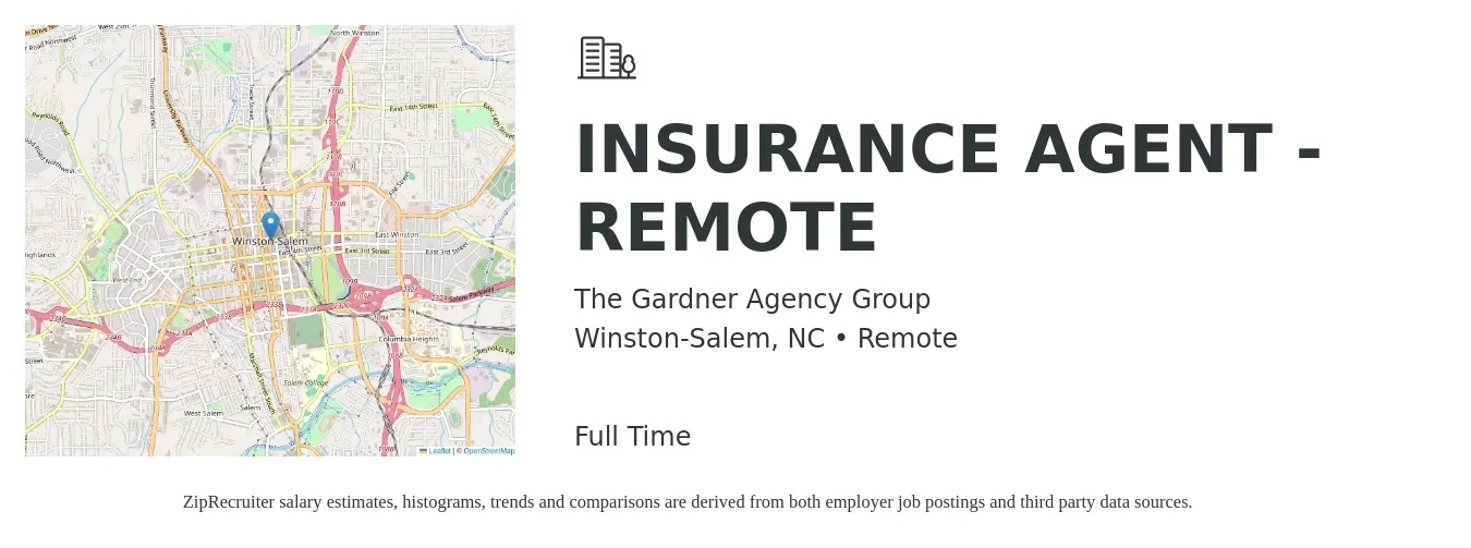 The Gardner Agency Group job posting for a INSURANCE AGENT - REMOTE in Winston-Salem, NC with a salary of $41,100 to $71,000 Yearly with a map of Winston-Salem location.