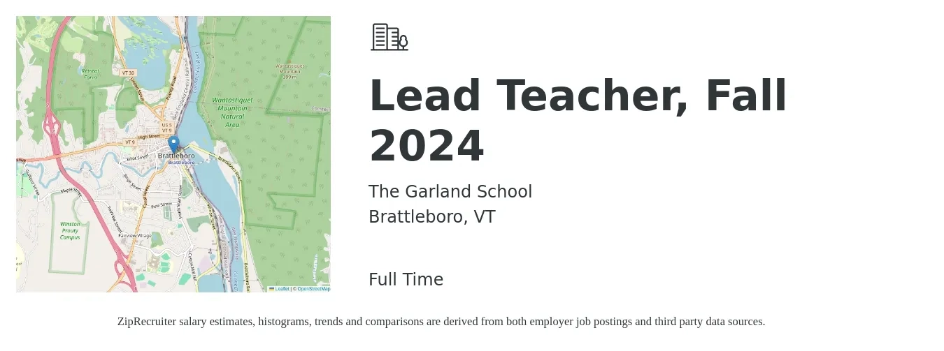 The Garland School job posting for a Lead Teacher, Fall 2024 in Brattleboro, VT with a salary of $15 to $20 Hourly with a map of Brattleboro location.