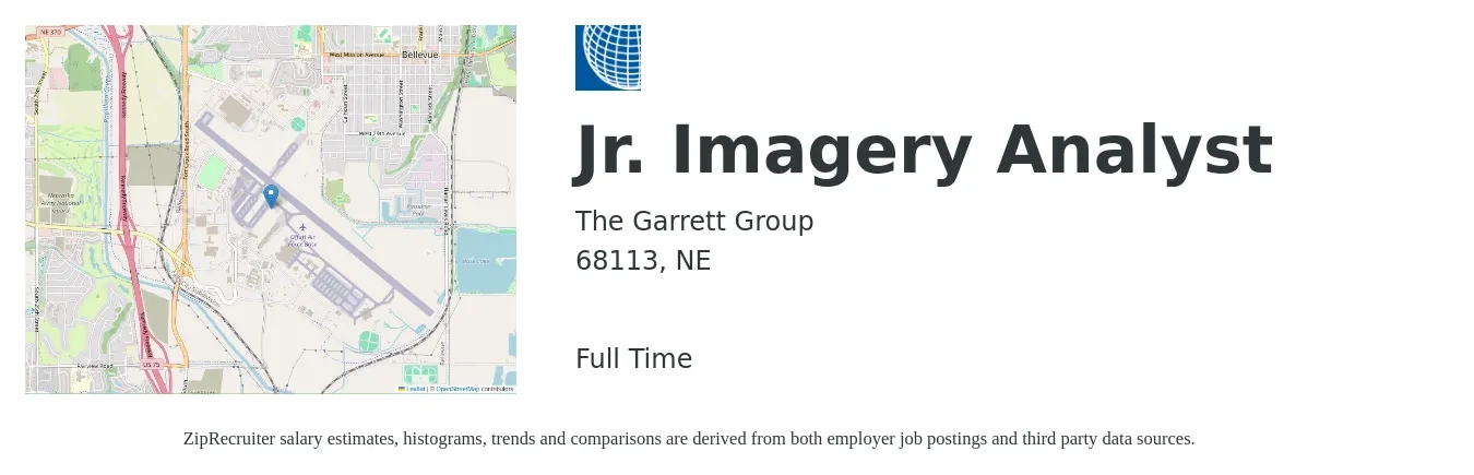 The Garrett Group job posting for a Jr. Imagery Analyst in 68113, NE with a salary of $70,100 to $116,600 Yearly with a map of 68113 location.