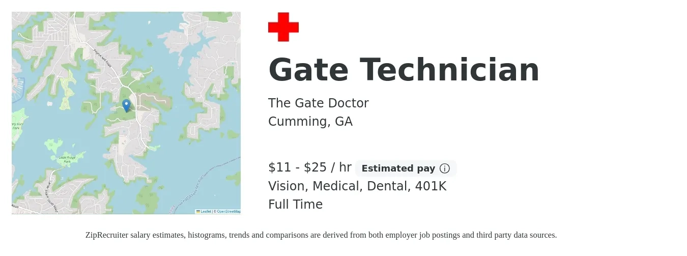 The Gate Doctor job posting for a Gate Technician in Cumming, GA with a salary of $12 to $26 Hourly and benefits including medical, vision, 401k, dental, and life_insurance with a map of Cumming location.