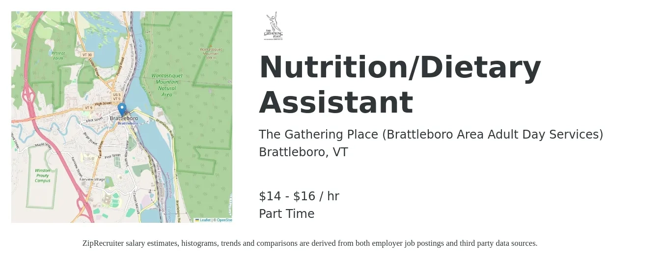 The Gathering Place (Brattleboro Area Adult Day Services) job posting for a Nutrition/Dietary Assistant in Brattleboro, VT with a salary of $15 to $17 Hourly with a map of Brattleboro location.