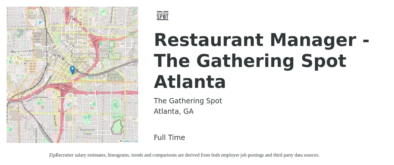The Gathering Spot job posting for a Restaurant Manager - The Gathering Spot Atlanta in Atlanta, GA with a salary of $43,300 to $61,100 Yearly with a map of Atlanta location.