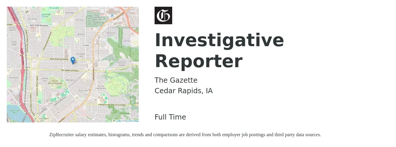 The Gazette job posting for a Investigative Reporter in Cedar Rapids, IA with a salary of $19 to $29 Hourly with a map of Cedar Rapids location.