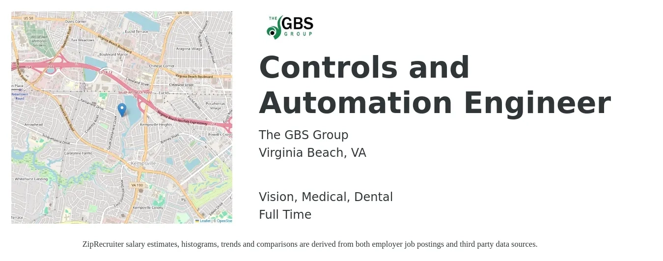 The GBS Group job posting for a Controls and Automation Engineer in Virginia Beach, VA with a salary of $79,200 to $102,500 Yearly and benefits including dental, life_insurance, medical, pto, and vision with a map of Virginia Beach location.